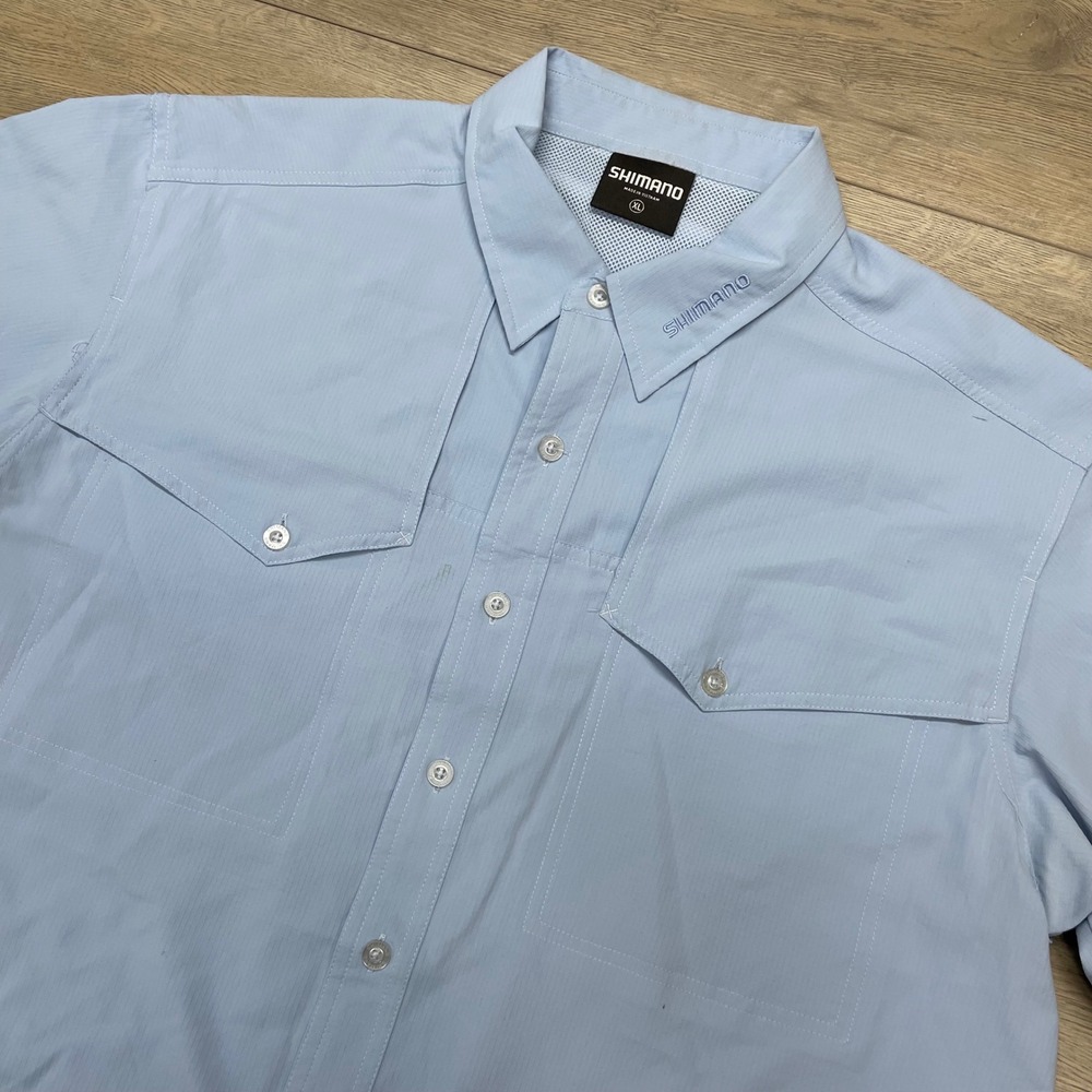 Shimano Fishing Shirt Mens XL Blue Short Sleeve Vented Button Up Stains